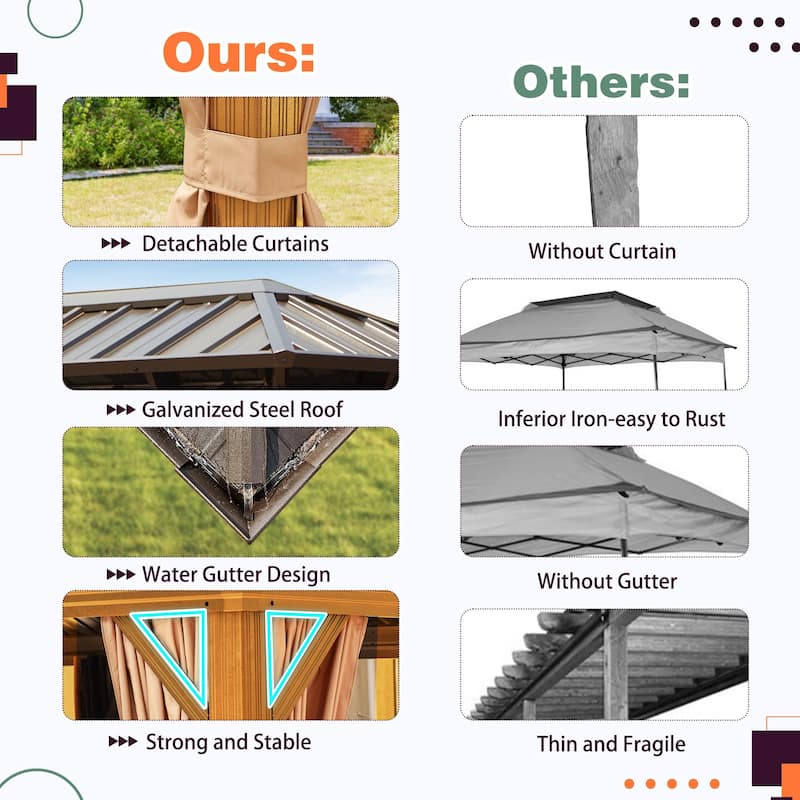 Outdoor Hardtop Gazebo with a Wood-Look Aluminum Frame, Double Galvanized Steel Roof, and Premium Curtains & Netting