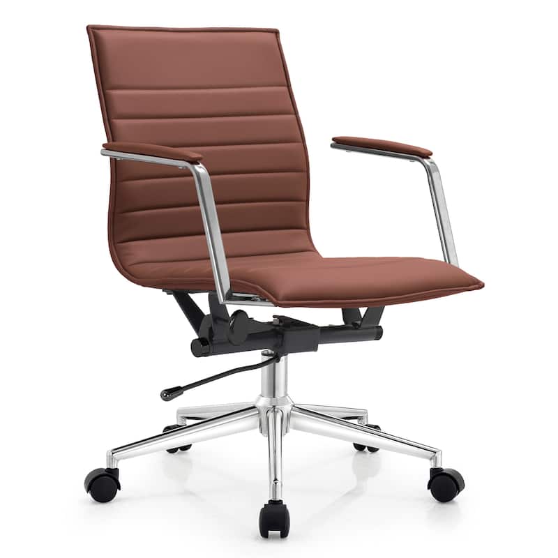 Modern Office Desk Chair | Upholstered PU Leather Ribbed Mid Back with Metal Frame | Adjustable Height, Tilt Lock -  Upholstered PU Leather Ribbed Mid Back with Metal Frame | Adjustable Height, Tilt Lock|Brown