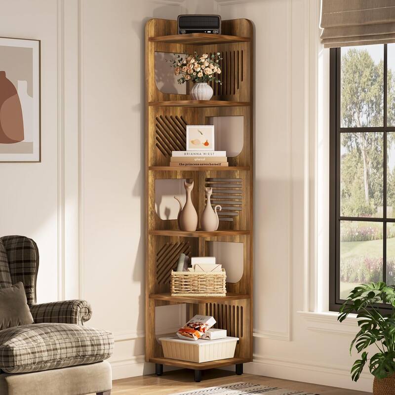 6-Tier Corner Shelf, Rustic Tall Corner Bookshelf for Living Room, Bedroom, Office