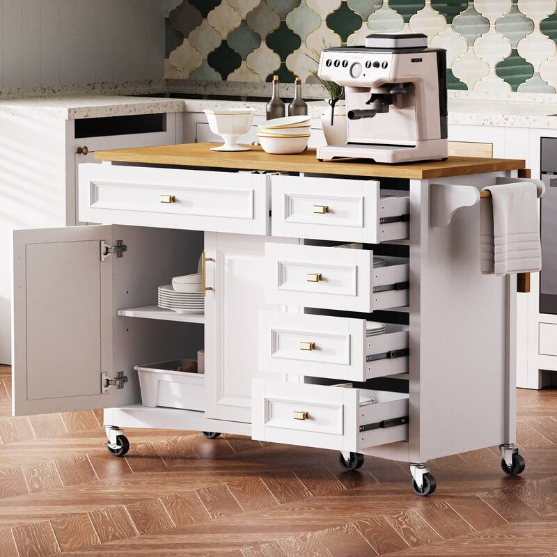 52" Rolling Kitchen Island Cart, Embossed Texture Kitchen Island on Wheels, Kitchen Storage Cart with Drop Leaf