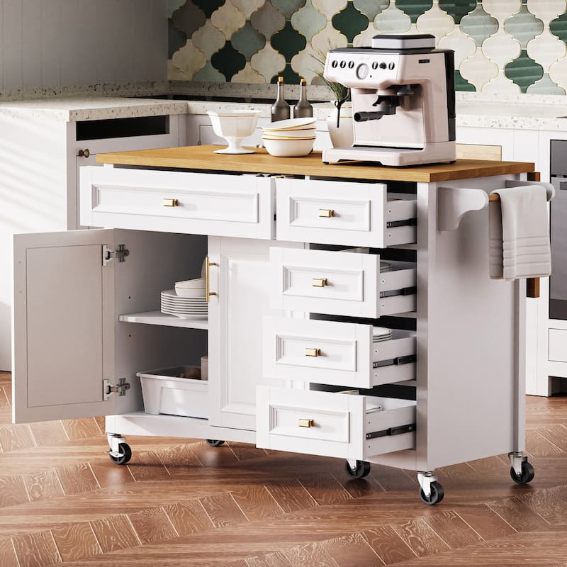 Kitchen Island on Wheels with Drop Leaf, Towel Rack, 2 Doors and 5 Drawers