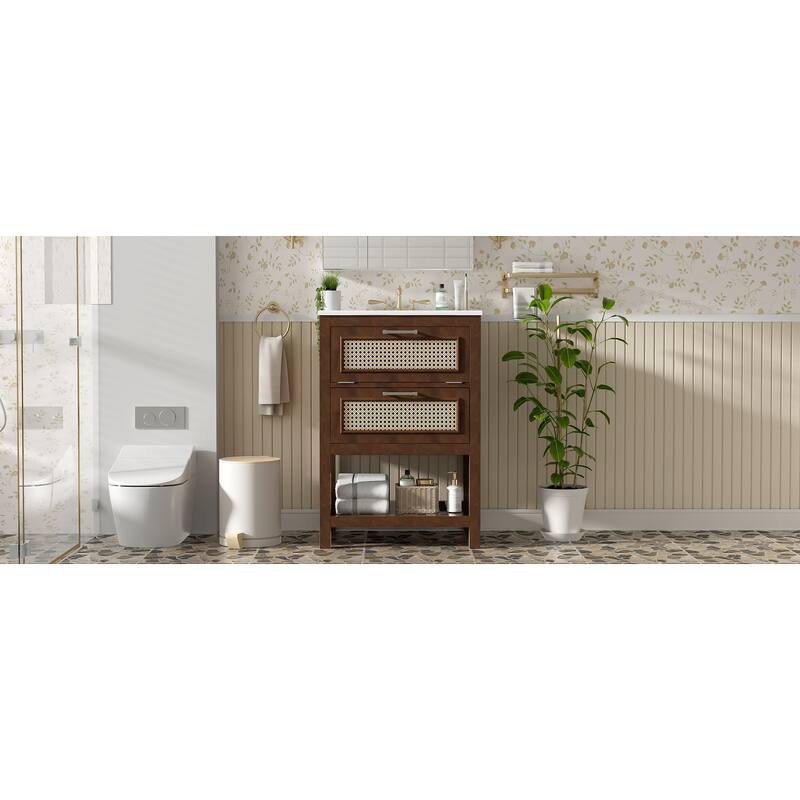 24"Bathroom Vanity with Integrated Ceramic Sink,Bathroom Cabinet with 1 Deep Drawer,1 Tip-Out Drawer,Single Sink Bathroom Vanity