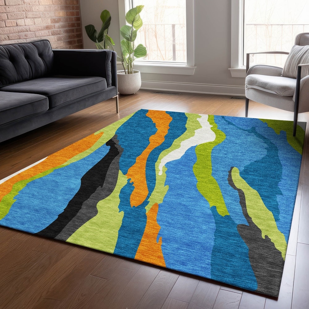 Machine Washable Indoor/ Outdoor Abstract Contemporary Chantille Rug