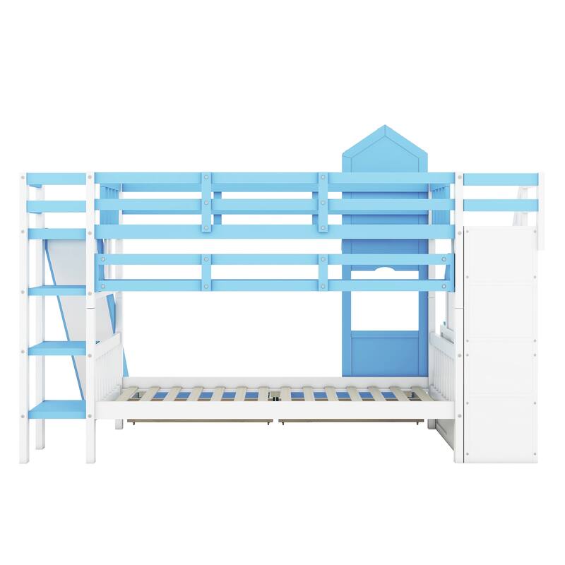 Twin-Over-Twin Castle Style Bunk Bed with 2 Drawers, 3 Shelves, and Slide - Blue