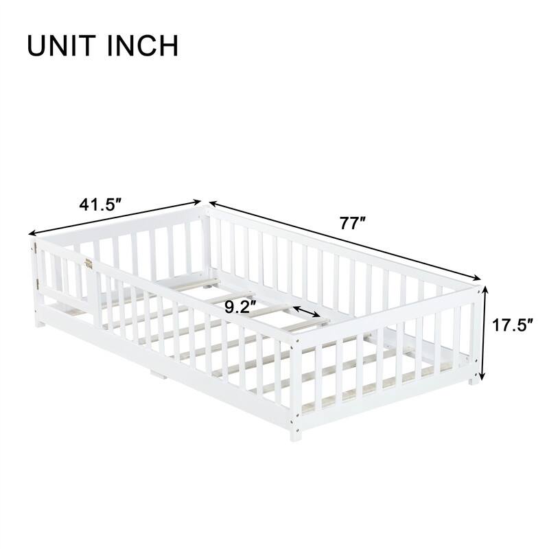 Twin/Full/Queen Size Floor Bed with Fence Guardrails and Door, Rubber Wood Toddler Bed Montessori Bed with Slats Support
