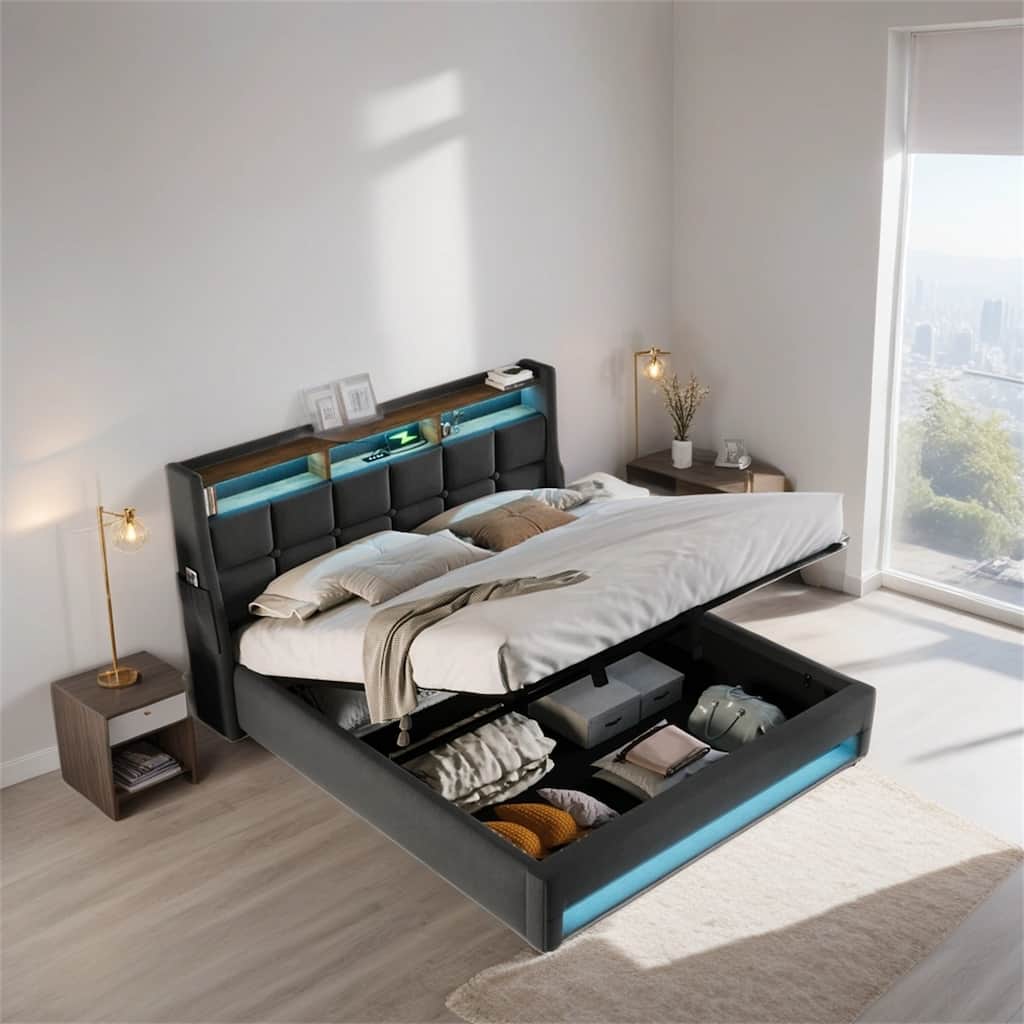 Queen size Upholstered Platform bed with Storage (Without Mattress)