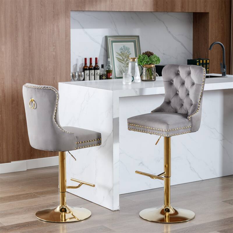 2 Piece Adjustable Swivel Velvet Upholstered Barstools with Metal Base