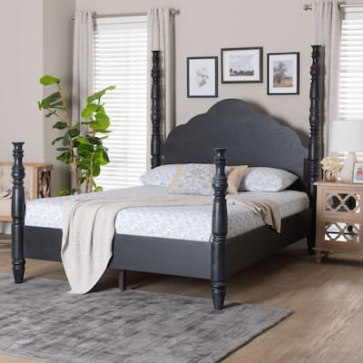 Baxton Studio Martino Four-Poster Platform Bed - Sculpted Post Bed Frame with Panel Headboard, Vintage Spindle Bed