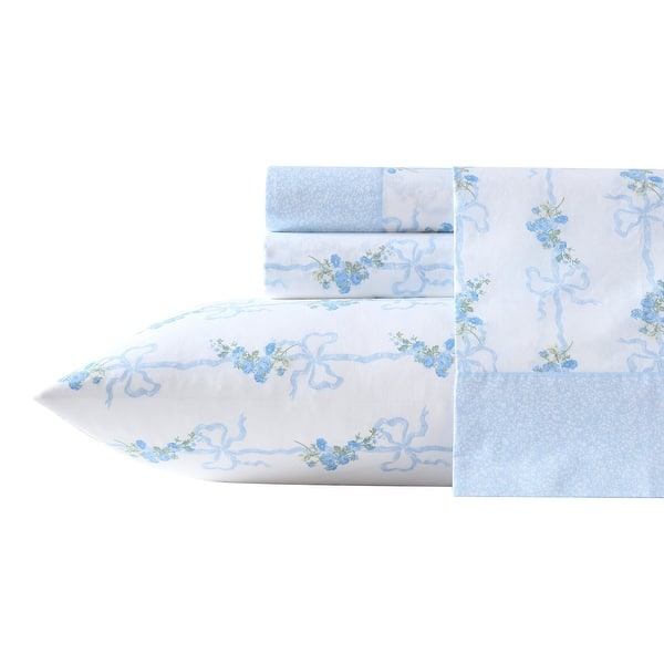 Laura Ashley Percale Cotton Printed Hem Sheet Sets - Full - Floral Ribbon Blue