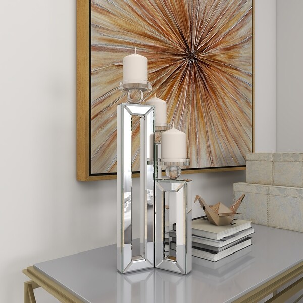 Silver Glass Pillar 3 Plate Candelabra with Mirrored Accents