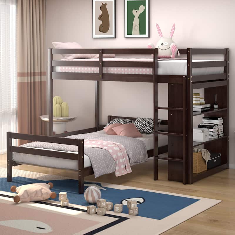 Costway Twin Over Twin Loft Bunk Bed Wood w/Bookcase Guardrail Ladder - 79.5'' x 44'' x 58.5''