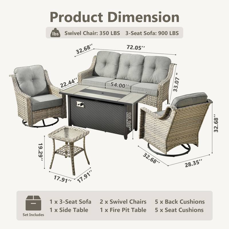 HOOOWOOO 5-piece Rattan Outdoor Patio High Back Swivel Chair Set with 54"Fire Pit