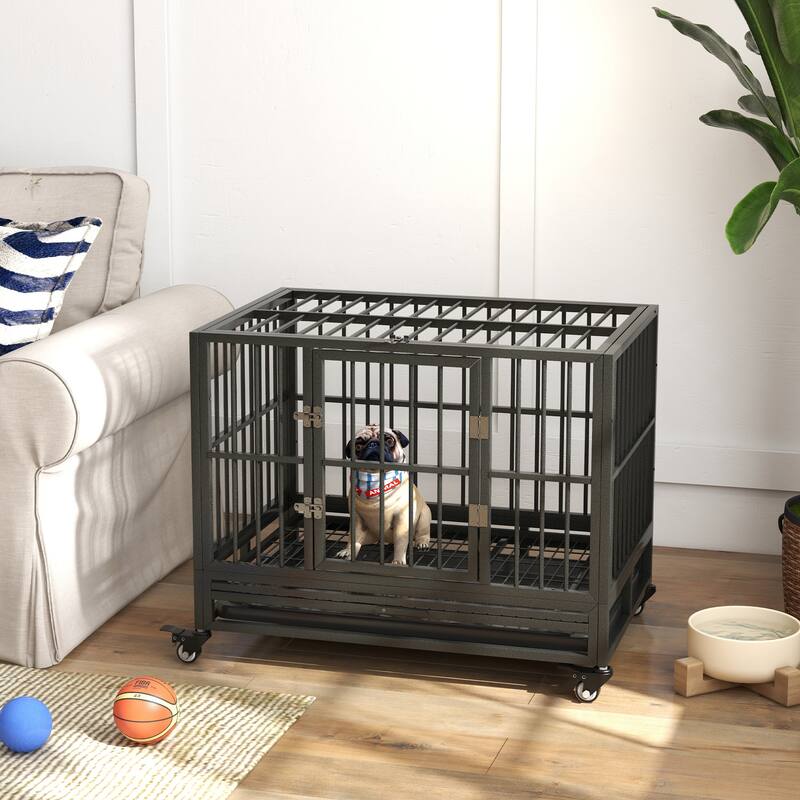 Living Room Dog Crate Metal Cage Kennel with Lockable Wheels Double Door and Removable Tray Dog House - Grey