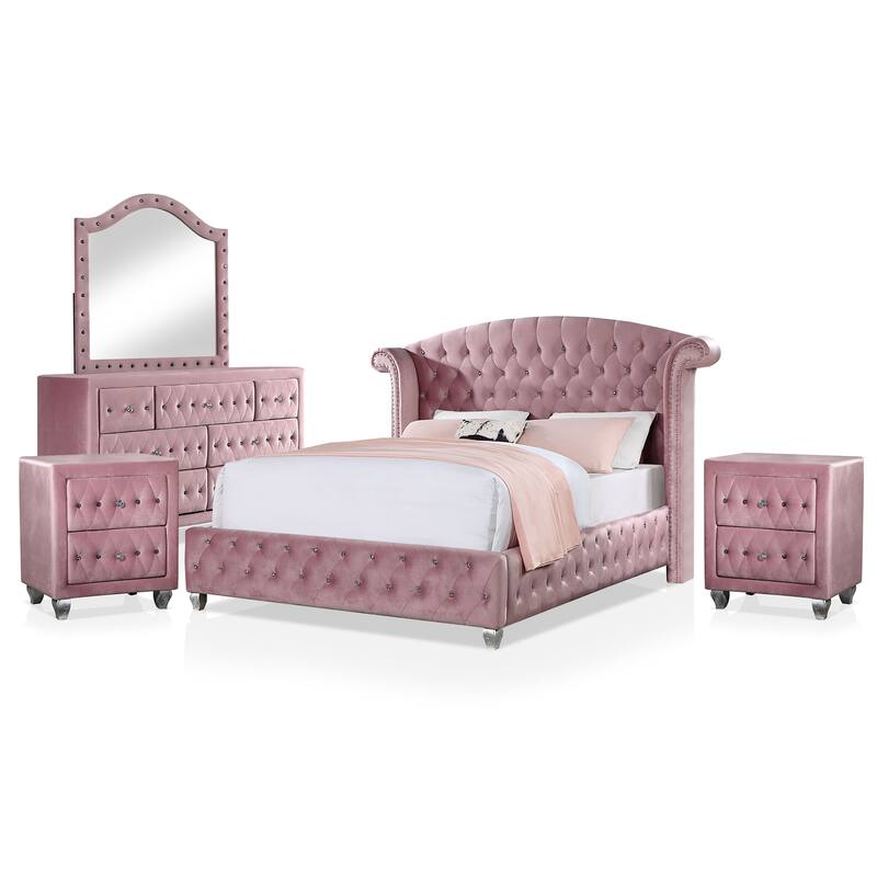 Vyvi Glam Pink Fabric 5-Piece Upholstered Panel Bedroom Set by Furniture of America