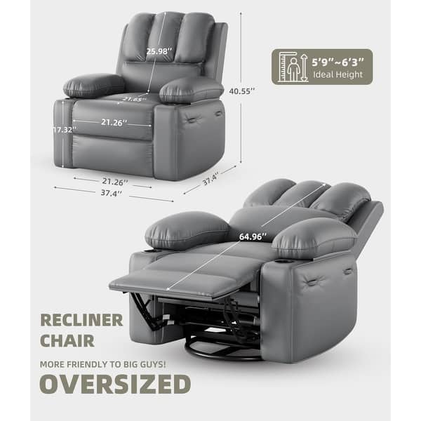 dimension image slide 3 of 5, 37.4" Oversized Manual Recliner with Heat and Massage, 360 Swivel Rocking Chair 21.3" Seat with Cup Holder