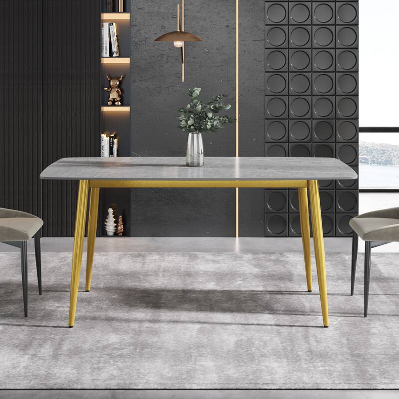 63" Modern Dining Table,Sintered Stone Tabletop and Solid Gold Carbon Steel Base