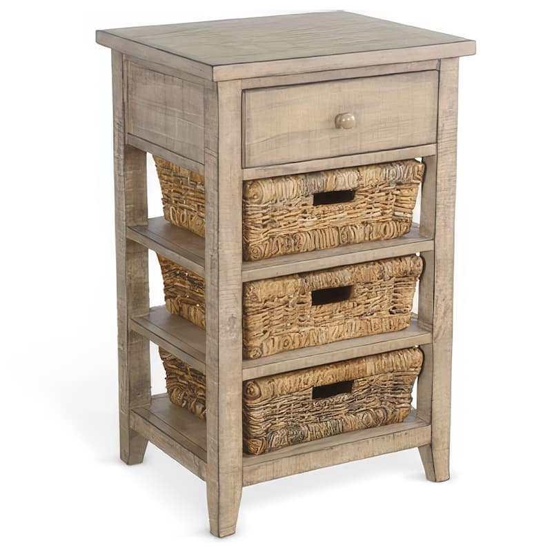 Rena End Table, 3 Natural Rattan Storage Baskets, 20 Inch Brown Wood