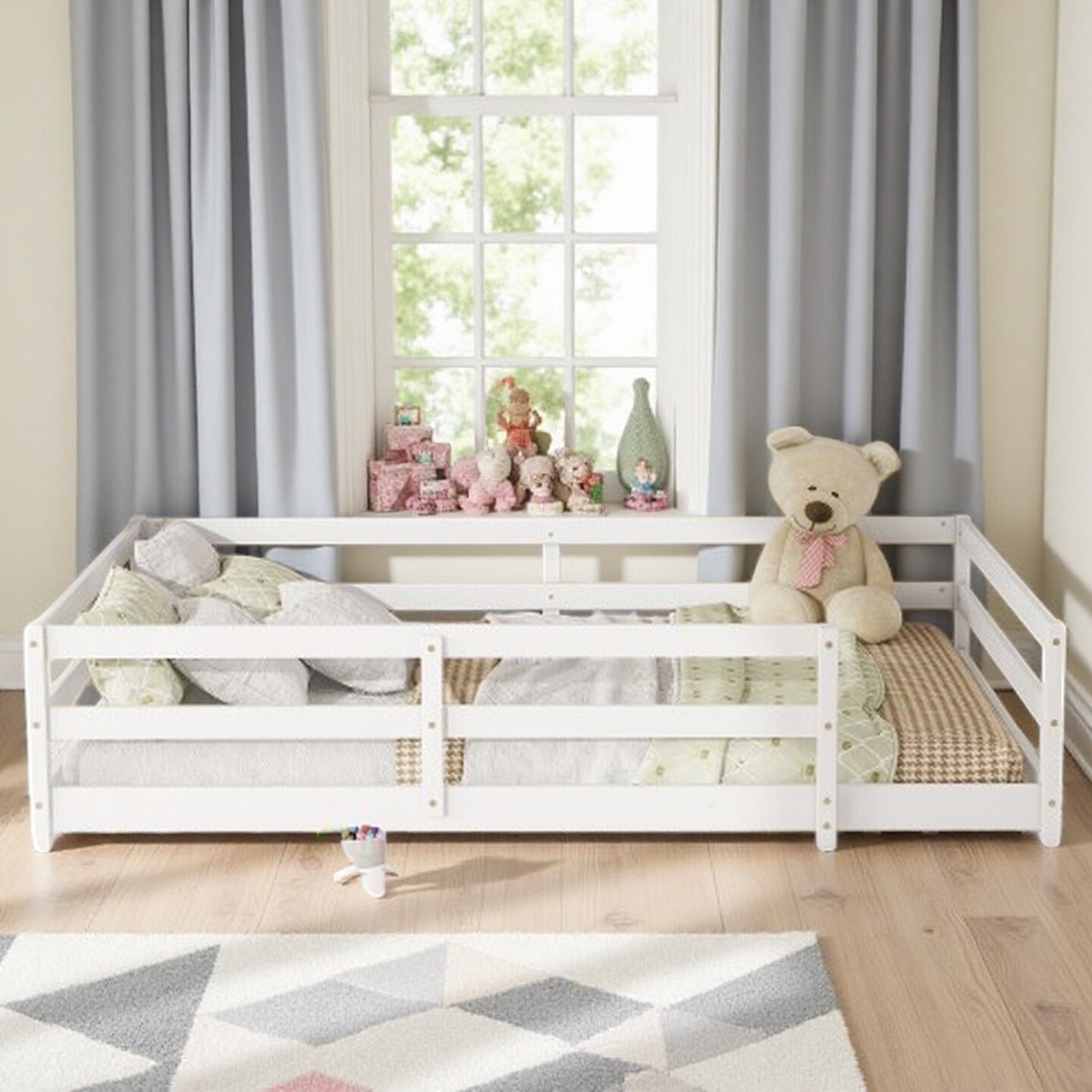 Full-Size Montessori Floor Bed for Kids, Wooden Low Bed with Safety Fence