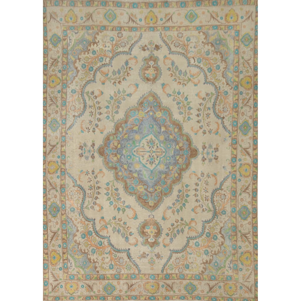 Hand Knotted Oriental 100% Wool Carpet Traditional Floral Beige & Ivories Tabriz Area Rug - 12' 2'' X 9' 7''