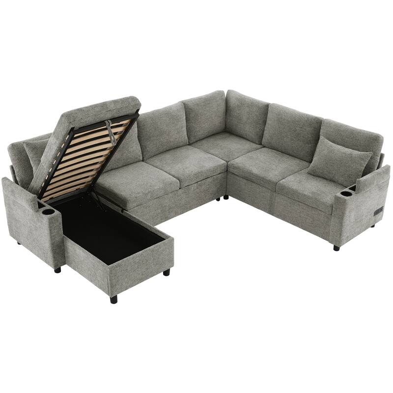 U-Shaped Chenille Sectional Sofa with Storage Chaise Lounge, Convertible Sleeper Sofa Bed with Cup Holders & Charging Ports
