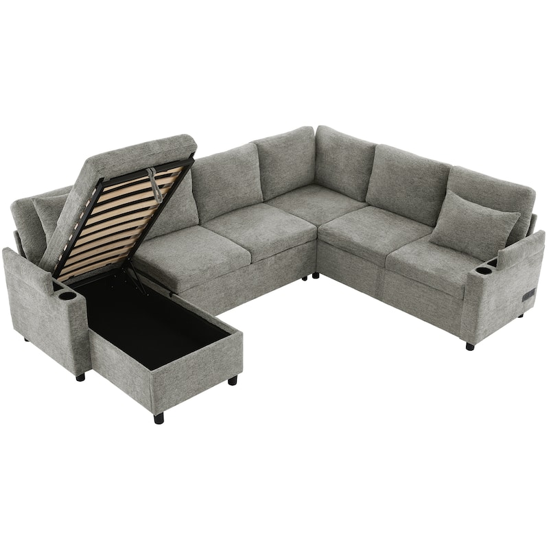 U-shaped Sofa, Chenille Sectional Sofa with 2 Cup Holders and Charging Ports Livingroom Sleeper Recliner Sofa Couch