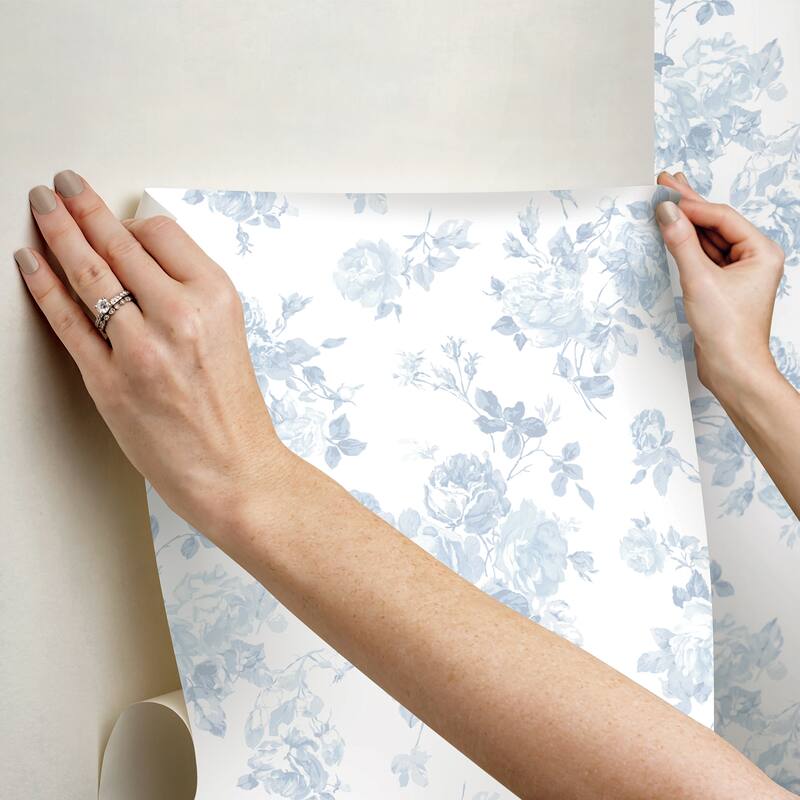LoveShackFancy Everblooming Rosettes Blue Bella Ribbon Peel and Stick Wallpaper
