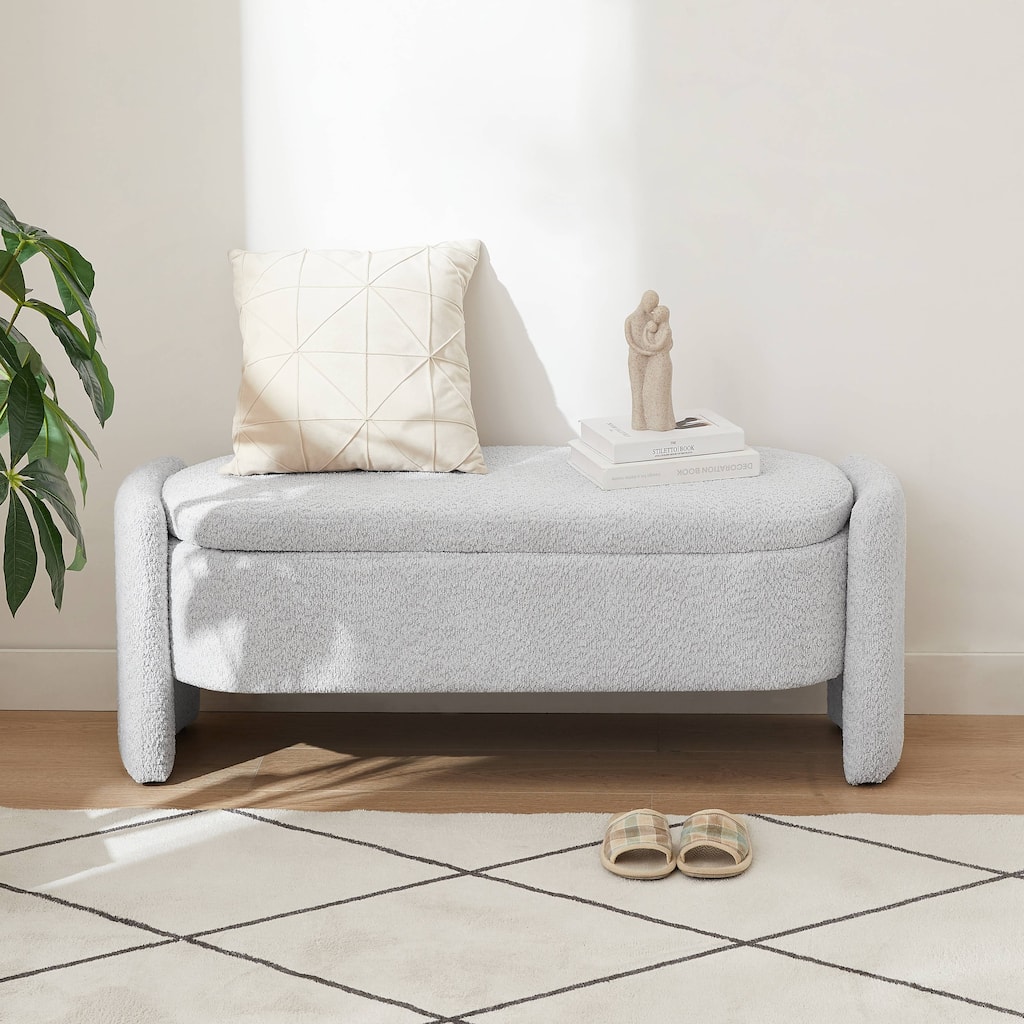 47in. Large Upholstered Storage Ottoman Oval Storage Bench 3D Lamb Fleece Fabric Bench