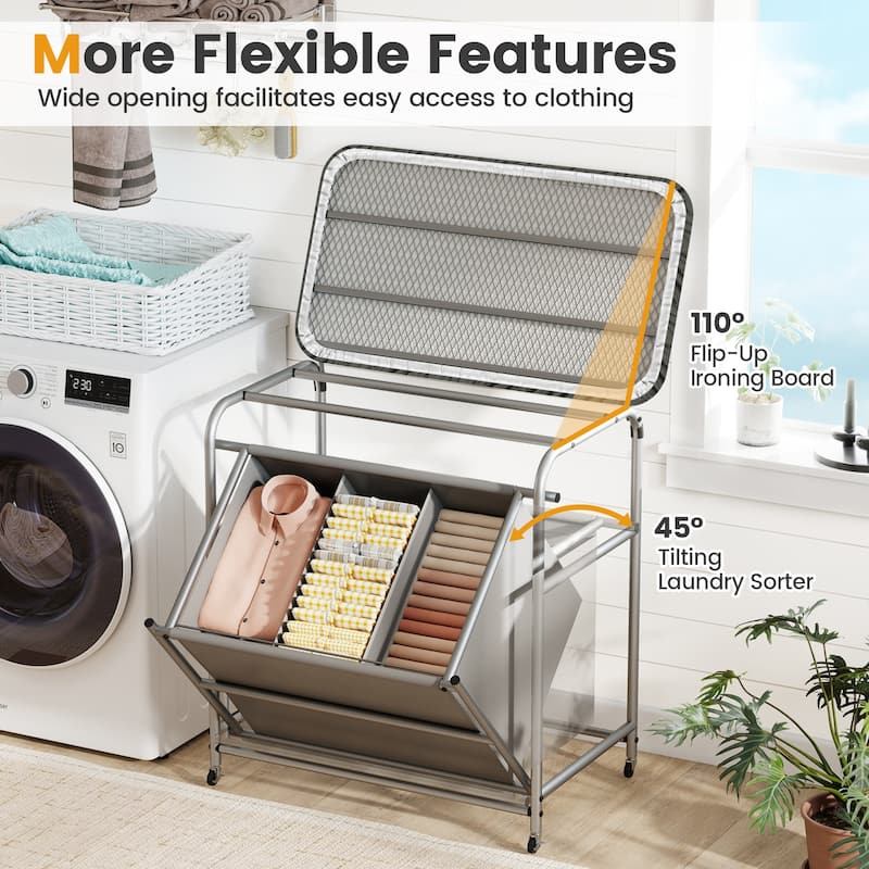 Grey 3 Section Rolling Laundry Hamper with Metal Frame and Ironing Board Lockable Wheels - 34" x 18.5" x 33"