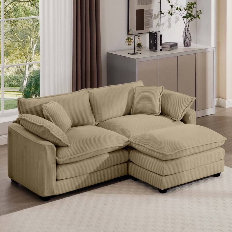 GDFStudio - Quill Textured Corduroy L-Shaped Two-Seater Sofa and 1 Ottoman - Tan