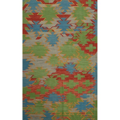 Hand Woven Oriental 100% Wool Carpet Southwestern Modern Multi-Colored Kilim Area Rug - 8' 9'' X 5' 10''