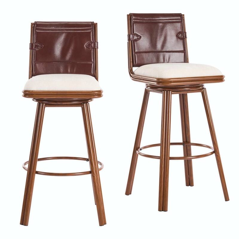 Sibyl Upholstered Swivel Bar Stool Set of 2, Walnut Metal Frame, Beige