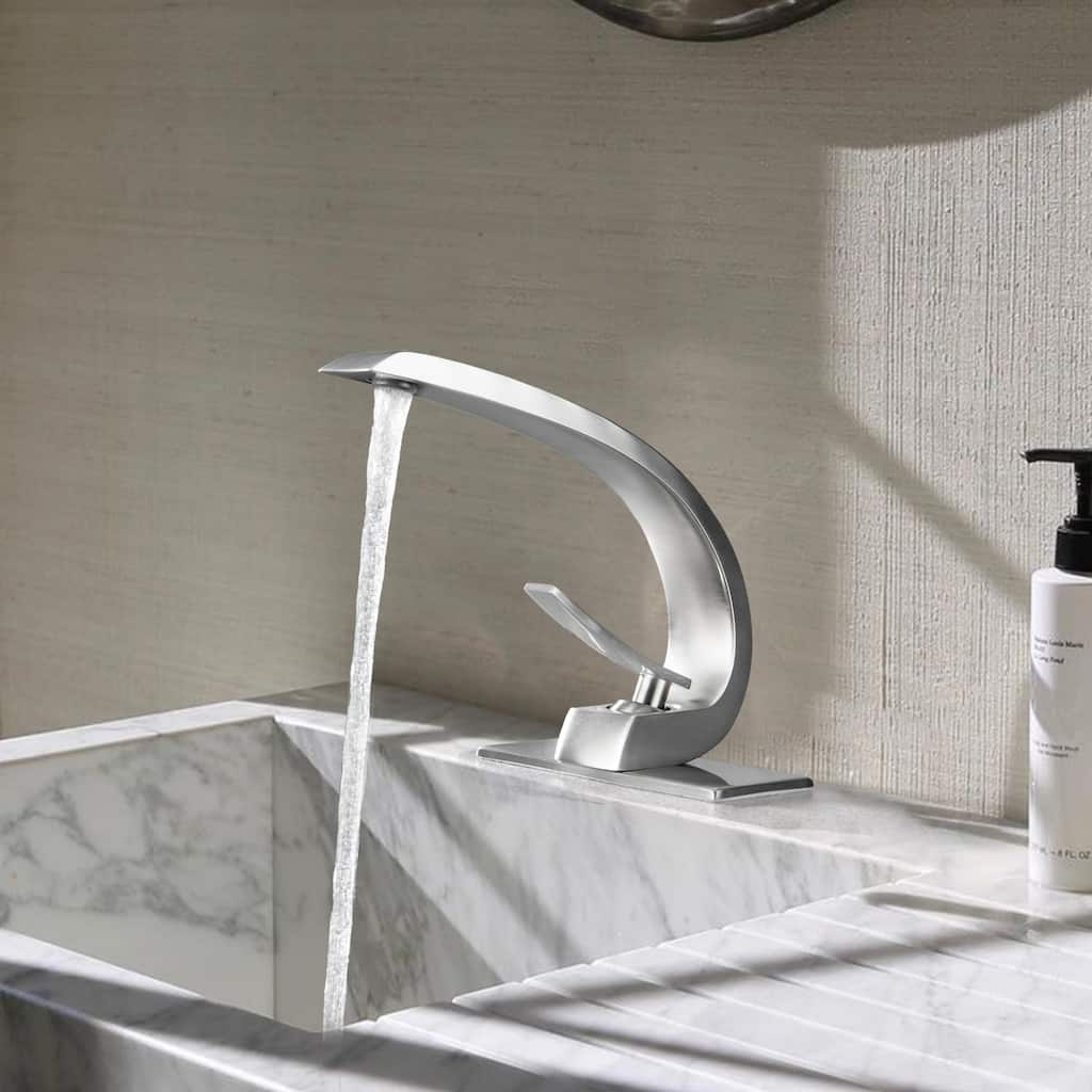 Modland C-Shaped Single Hole Bathroom Faucet, 500K Cycle CUPC Certified, 6-Inch Cover Plate, Black / Gold / Nickel / Chrome