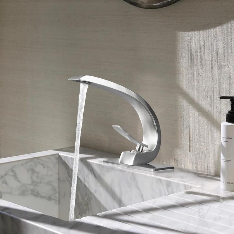 Modland C-Shaped Single Hole Bathroom Faucet, 500K Cycle CUPC Certified, 6-Inch Cover Plate, Black / Gold / Nickel / Chrome