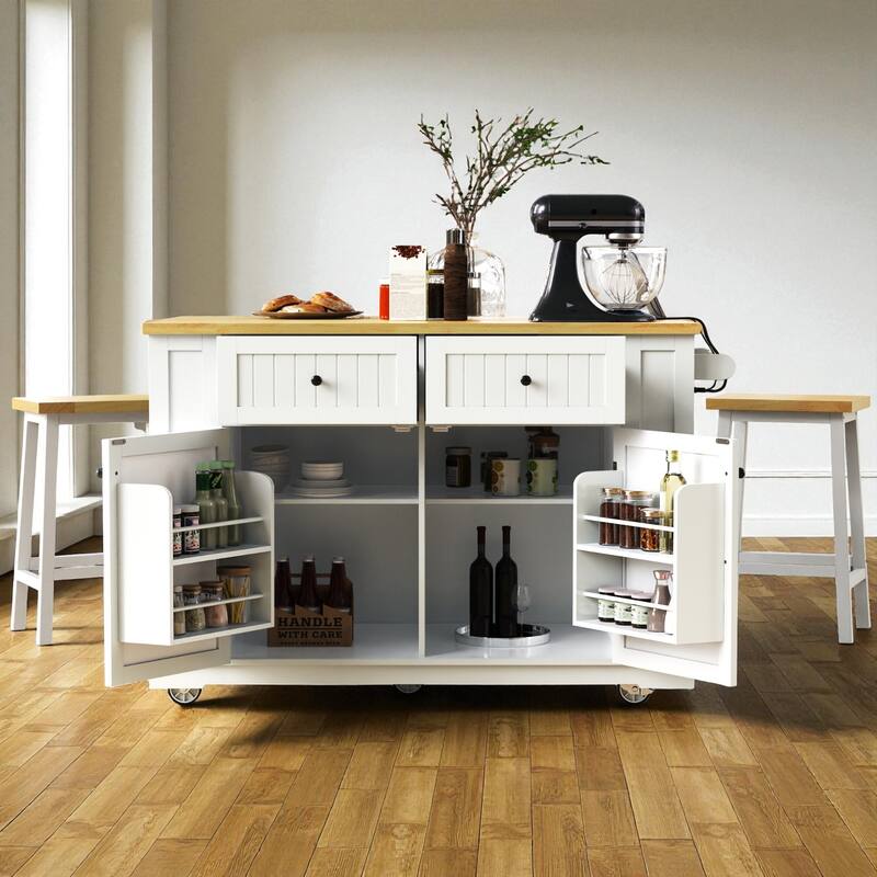 48" Kitchen Island with Drop Leaf & Power Outlet, Rolling Storage Cart with Internal Racks, Drawers & Shelves