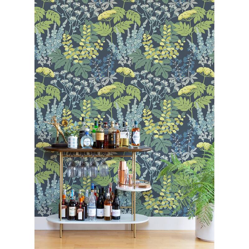 A-Street Prints Brie Dark Blue Forest Flowers Wallpaper