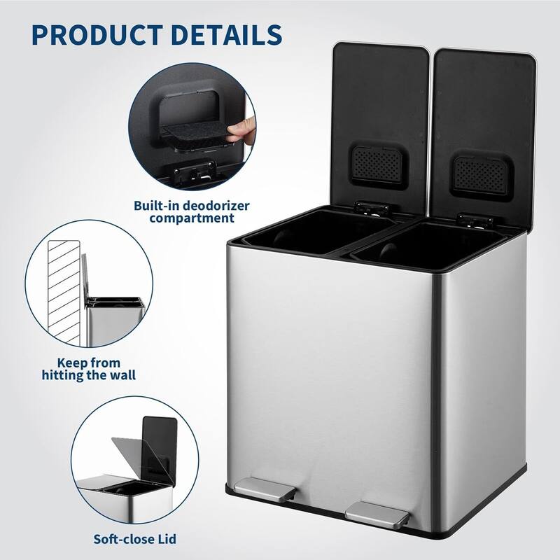2 X 4 Gal Stainless Steel Dual Compartment Step-on Recycling Bin, Trash Can