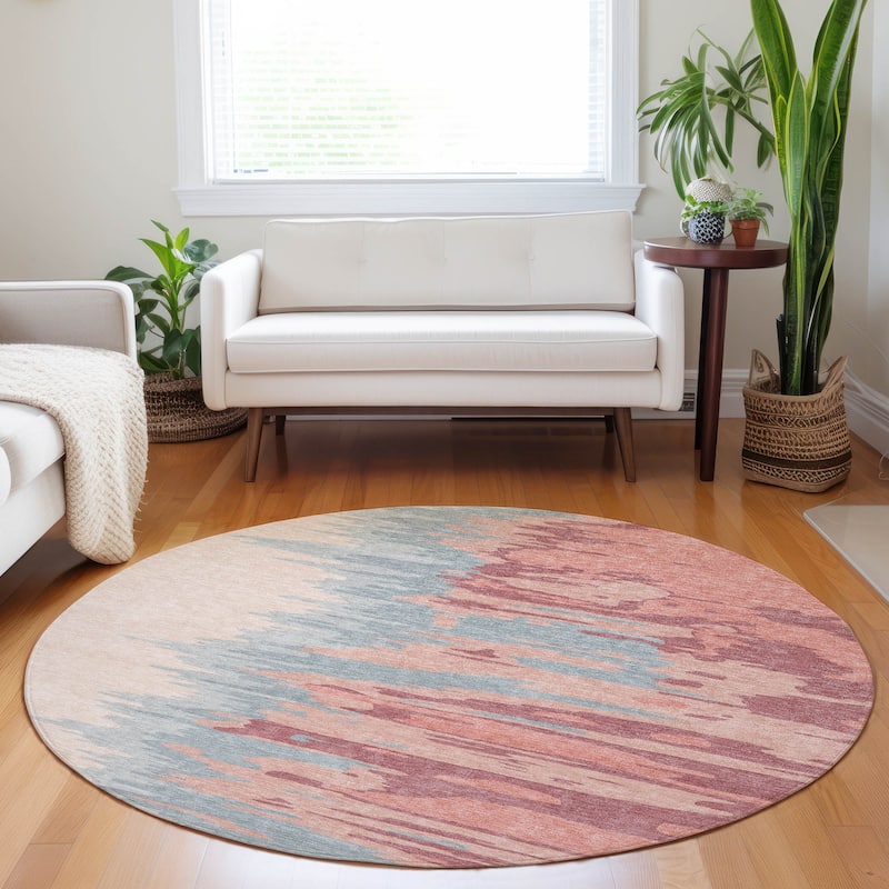 Machine Washable Indoor/ Outdoor Brushstrokes Ombre Chantille Rug - Coral - 8' x 8'