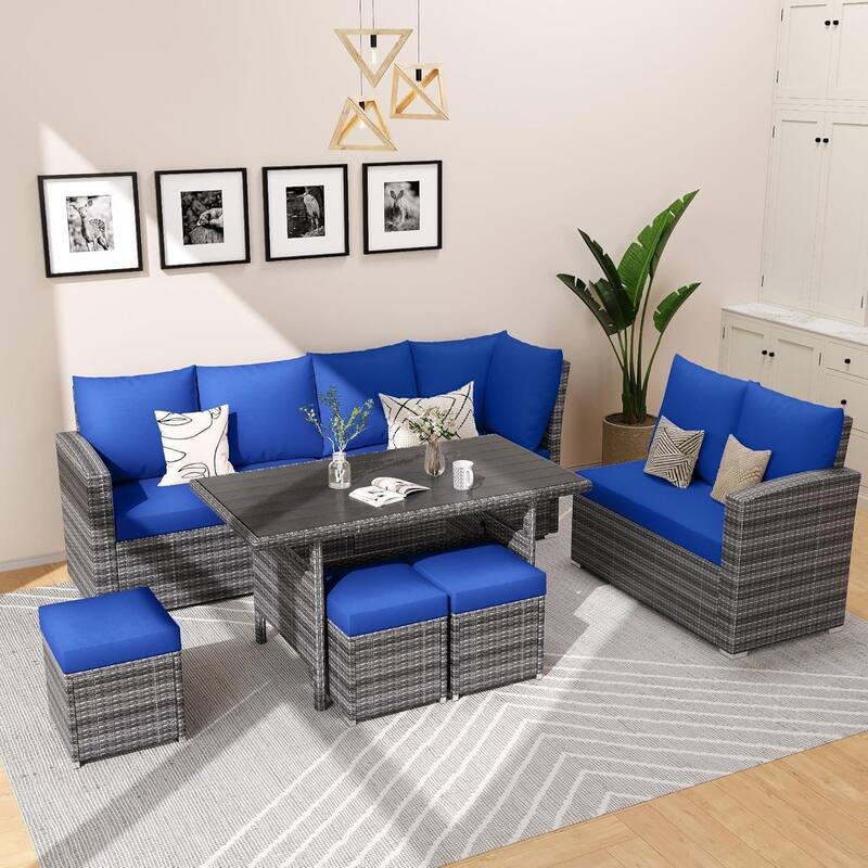 7 Piece Outdoor Sectional Sofa with Dining Table, All-Weather Wicker Patio Conversation Set