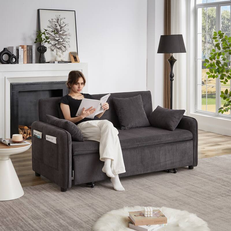 66 Inch Sleeper Sofa Bed Adjustable Sleeper With Pullout Bed 4 Pillows And Side Pockets Soft Convertible