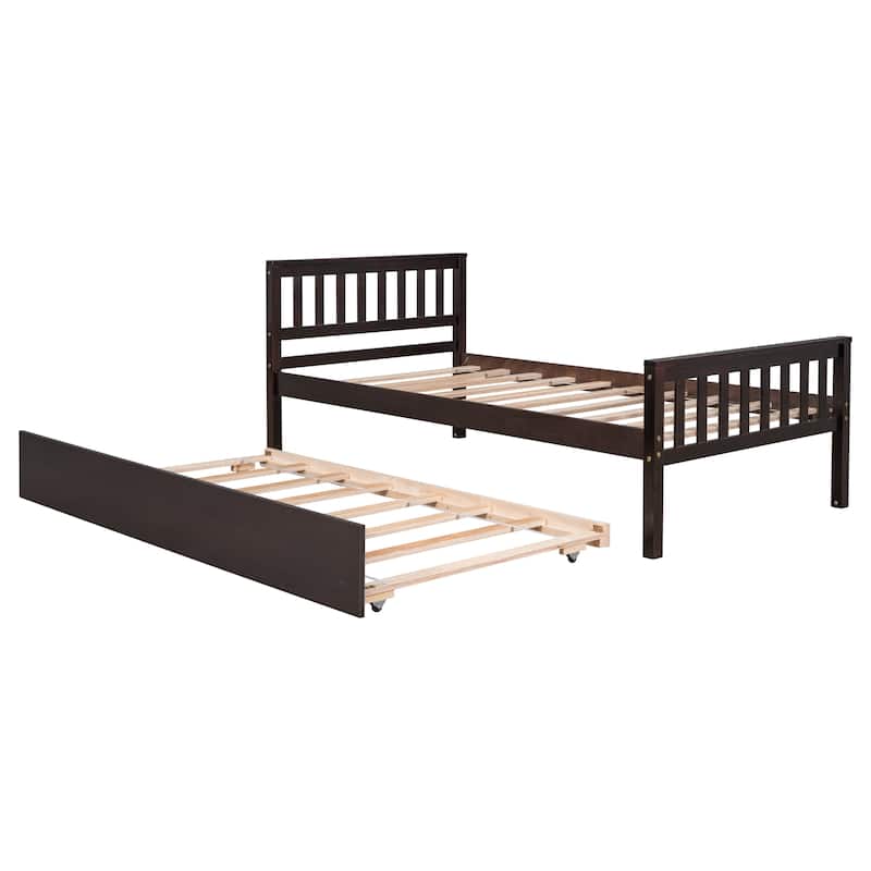 Twin Bed with Trundle, Platform Bed Frame with Headboard and Footboard for Bedroom Small Living Space, No Box Spring Needed