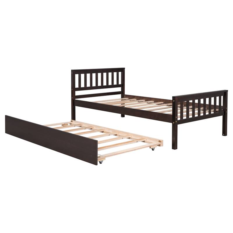 Twin Platform Bed Frame with Trundle, Headboard, and Footboard, No Box Spring Needed, Espresso