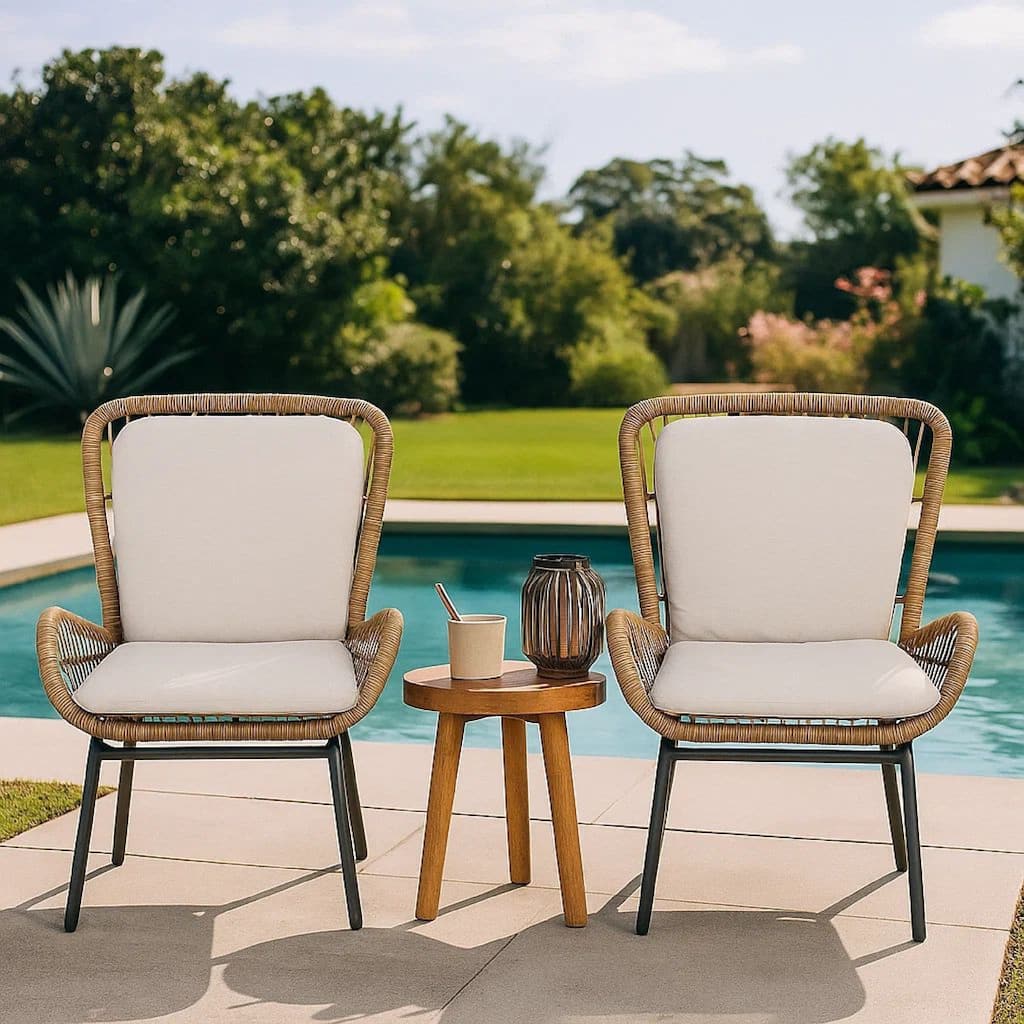 Outdoor Accent Chair Set of 2, White Fabric, Brown Faux Rattan, Black