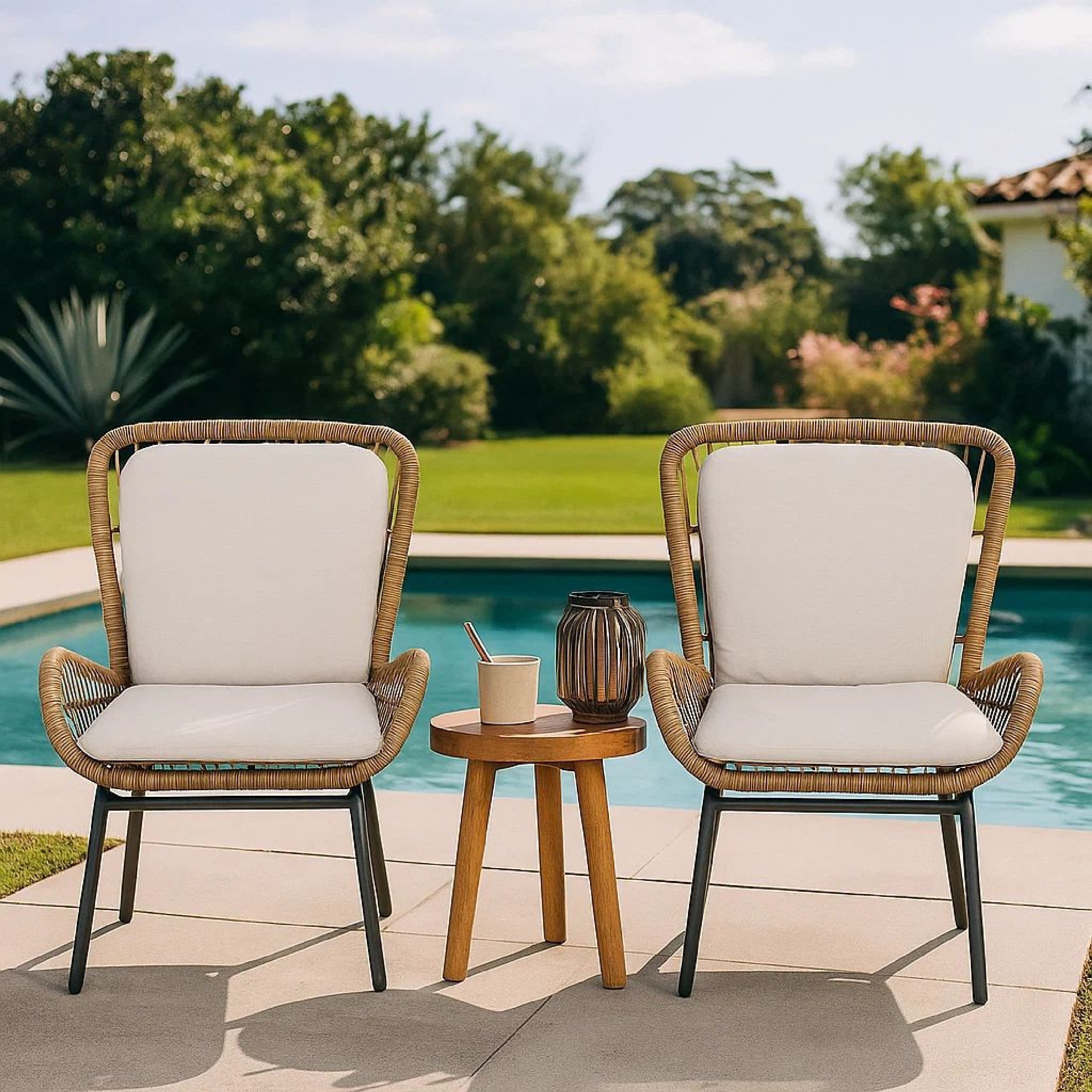 Outdoor Accent Chair Set of 2, White Fabric, Brown Faux Rattan, Black