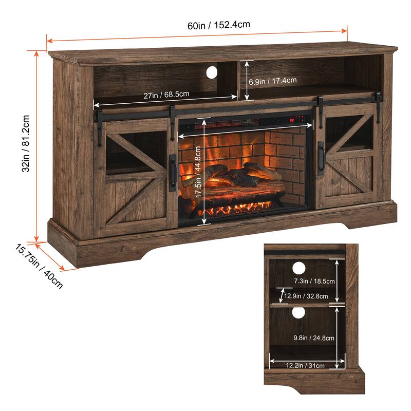 60" Entertainment Center with 1500W Electric Fireplace, Door Sensor, Infrared Remote, and Storage for TVs up to 70"