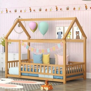 Twin Size Floor Wooden Bed with House Roof Frame and Fence Guardrails DIY Decor Kids