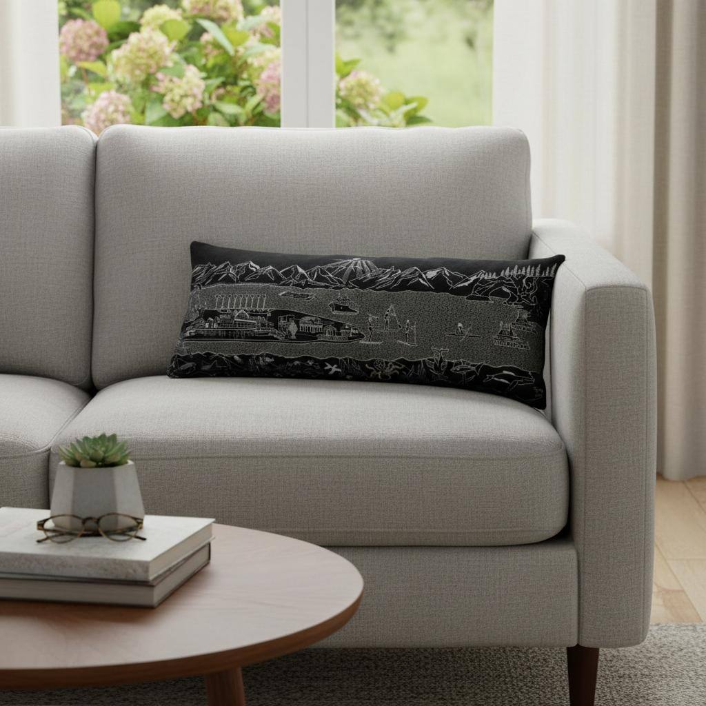 HomeRoots 14" X 35" Dark Gray And White Homer Spit Nighttime Skyline Lumbar Decorative Pillow