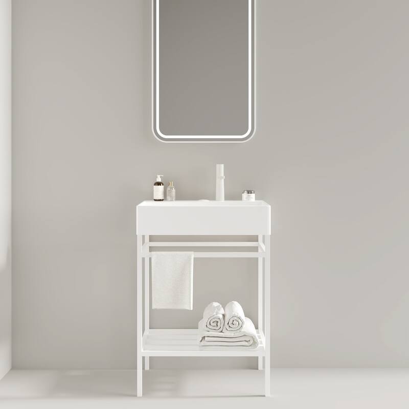 24 inch Metal Freestanding Bathroom Vanity Set with Integrated Ceramic Sink - White