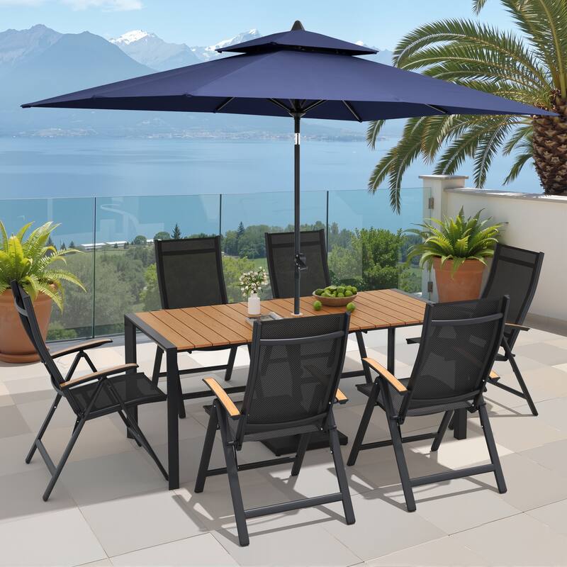 9/11-Piece Outdoor Patio Dining Set Aluminum Dining Table and Chairs w/10 ft Market Umbrella and Base - Set of 9 - Brown Table with Navy Blue Umbrella