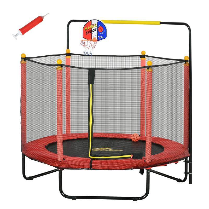 Qaba 4.6' Kids Trampoline with Basketball Hoop, Horizontal Bar, 55" Indoor Trampoline with Net - Red
