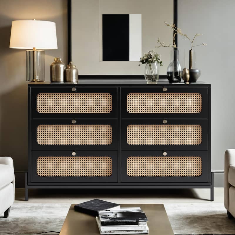 6 Drawers Dresser,Modern Cannage Rattan Wood Chest with 6 Drawers,Wood Storage Cabinet Sideboard for Entryway,Hallway(Black)